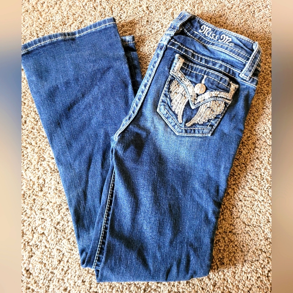 Miss Me Girls Size 7 K8989B Bootcut Jeans EUC Wing Bling Pockets